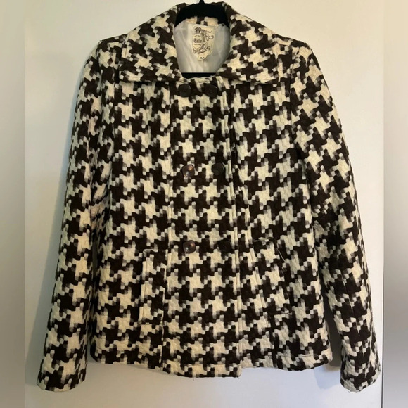Anthropologie‎ Tulle Womens Brown Ivory Double Breast Houndstooth Jacket Sz Med - Picture 1 of 9